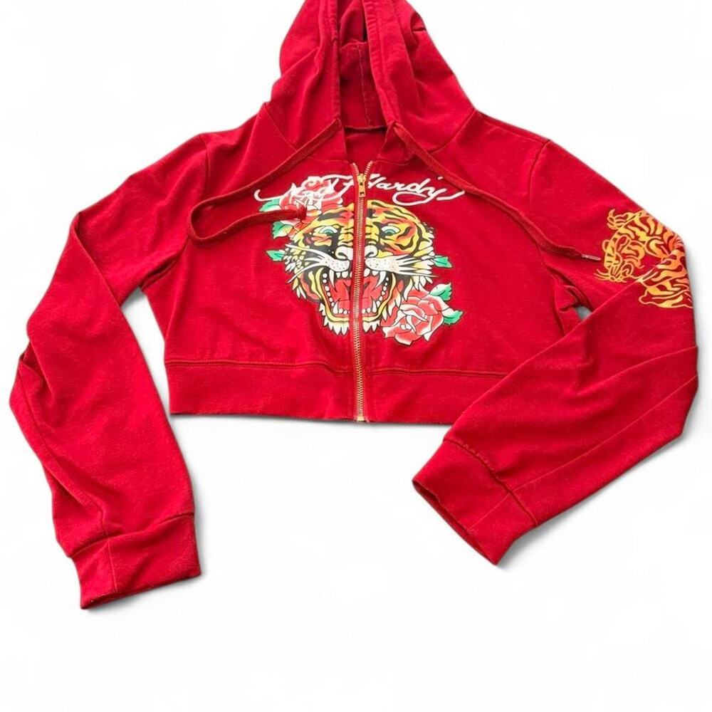 Y2K Ed Hardy Red Tiger Graphic Crop Zip Hoodie L